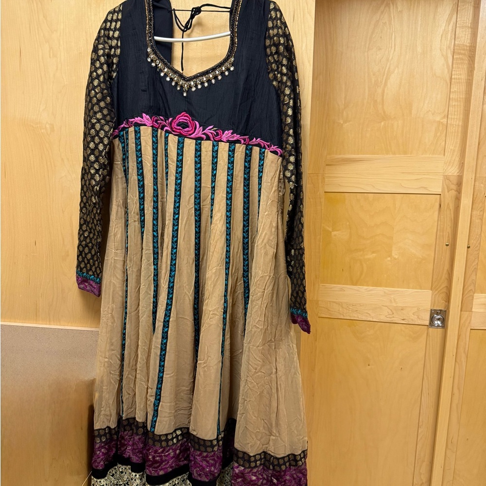 Elegant Black and Tan Anarkali Dress with Pink Accents